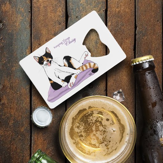 Classy Funny Calico Cat Paarse Creditkaart Flessenopener