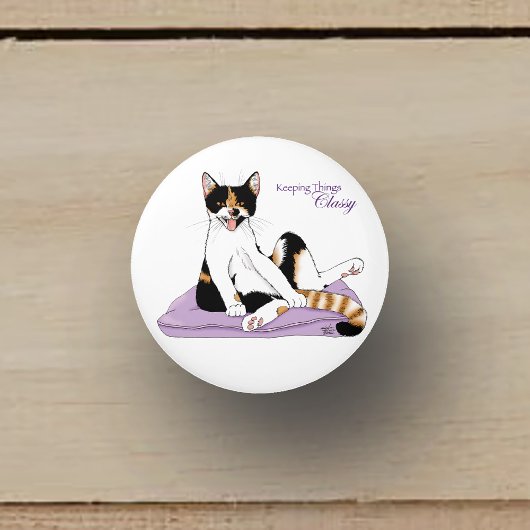Classy Funny Calico Cat Paarse Keramische Knop