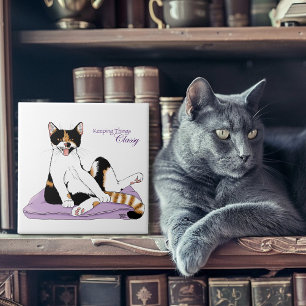 Classy Funny Calico Cat Paarse Tegeltje