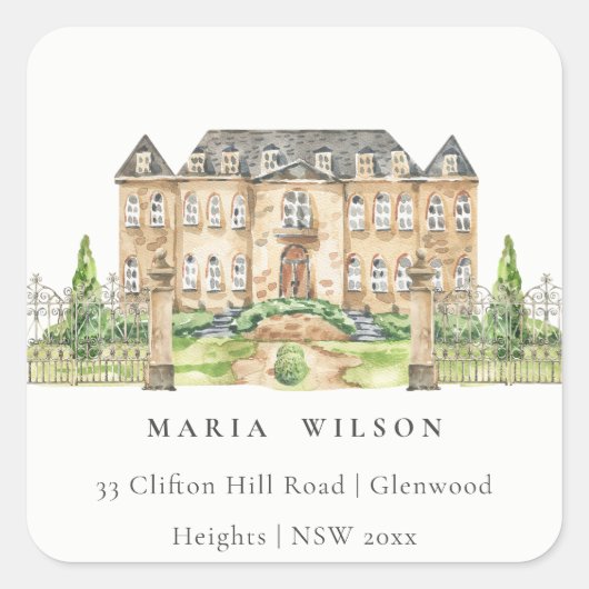 Classy Garden Chateau Manor Waterverf Adres Vierkante Sticker (Voorkant)