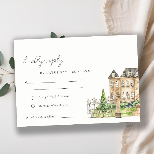 Classy Garden Chateau Manor Waterverf Wedding RSVP Kaartje