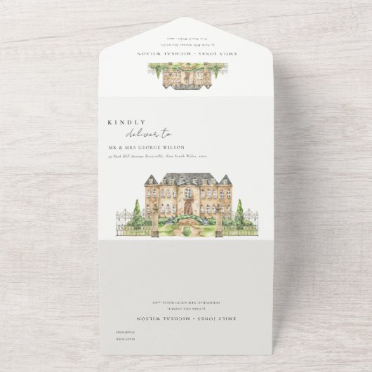 Classy Garden Chateau Waterverf Wedding Invite All In One Uitnodiging (Buitenkant)