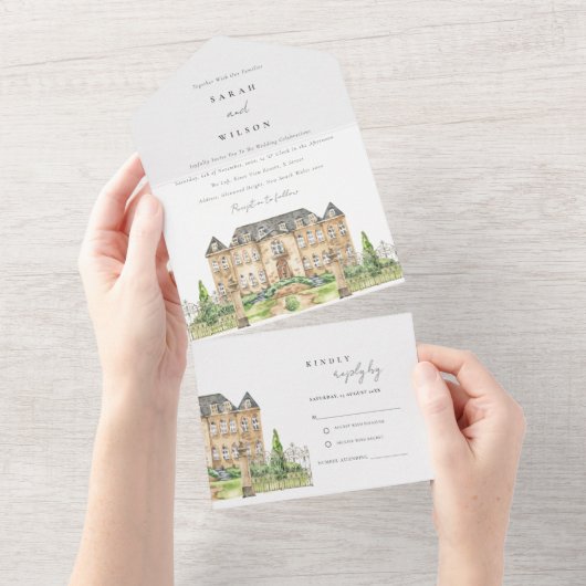 Classy Garden Chateau Waterverf Wedding Invite All In One Uitnodiging (Afscheurbaar)