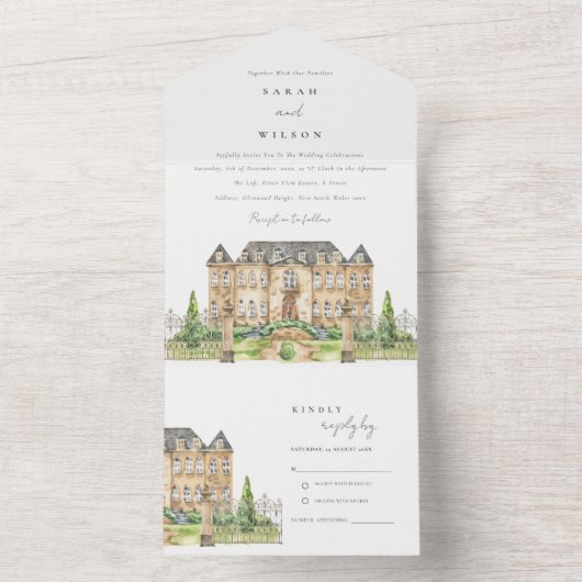 Classy Garden Chateau Waterverf Wedding Invite All In One Uitnodiging (Binnen)