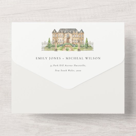 Classy Garden Chateau Waterverf Wedding Invite All In One Uitnodiging (Achterkant)