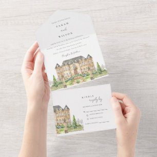 Classy Garden Chateau Waterverf Wedding Invite All In One Uitnodiging