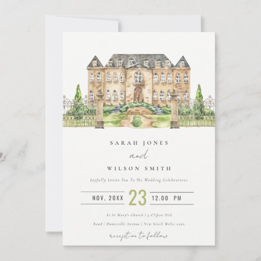 Classy Garden Chateau Waterverf Wedding Invite Bedankkaart (Voorkant)