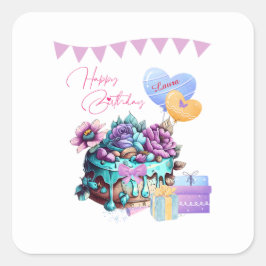 Classy Gelukkige Verjaardagstaart Ballonnen Giften Vierkante Sticker