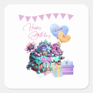 Classy Gelukkige Verjaardagstaart Ballonnen Giften Vierkante Sticker