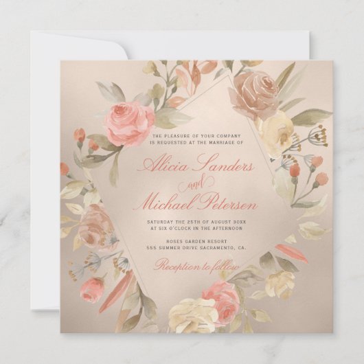 Classy Glam Peach Cream Coral Gold Rozen Wedding Kaart (Voorkant)