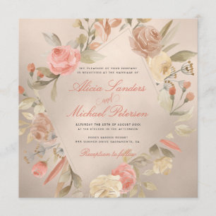 Classy Glam Peach Cream Coral Gold Rozen Wedding Kaart