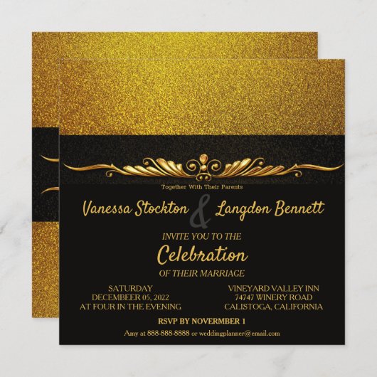 Classy Glitzy Gold Wedding Invitation Kaart (Voorkant / Achterkant)