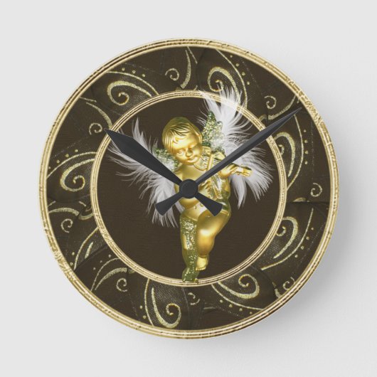 Classy Gold  Angel en Violin Clock Ronde Klok (Voorkant)