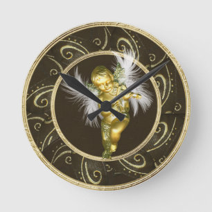 Classy Gold  Angel en Violin Clock Ronde Klok
