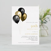 Classy Gold Black Balloons 50th Birthday Real Folie Uitnodiging (Staand Voorkant)