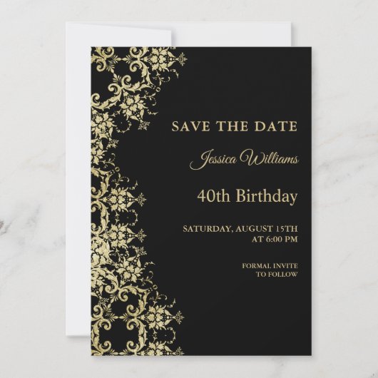 Classy Gold & Black Damask 40e verjaardag Save The Date (Voorkant)