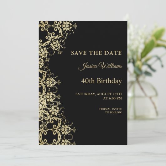 Classy Gold & Black Damask 40e verjaardag Save The Date (Staand voorkant)