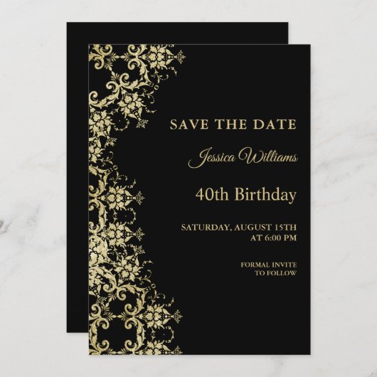 Classy Gold & Black Damask 40e verjaardag Save The Date (Voorkant / Achterkant)