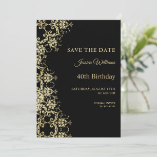 Classy Gold & Black Damask 40e verjaardag Save The Date