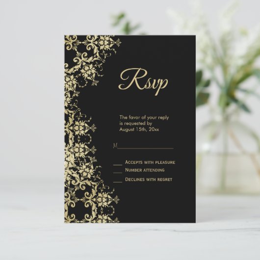 Classy Gold & Black Damask Verjaardag RSVP Kaartje (Staand voorkant)