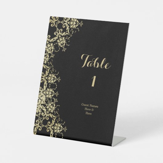 Classy Gold & Black Damask Verjaardagstabel Nummer Reclamebord Met Voetstuk (Voorkant)