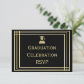 Classy Gold & Black Graduation Party RSVP Kaartje (Staand voorkant)