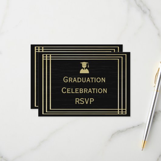 Classy Gold & Black Graduation Party RSVP Kaartje (Voorkant / Achterkant in situ)
