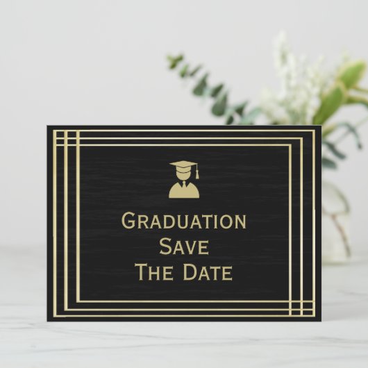 Classy Gold & Black Graduation Party Save The Date (Staand voorkant)