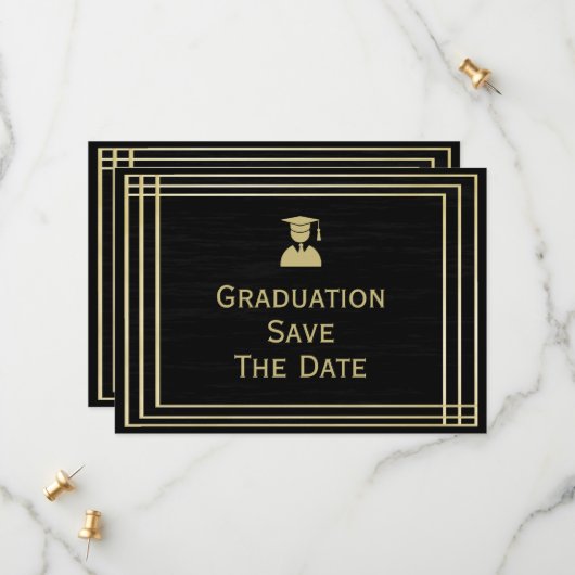 Classy Gold & Black Graduation Party Save The Date (Voorkant / Achterkant in situ)