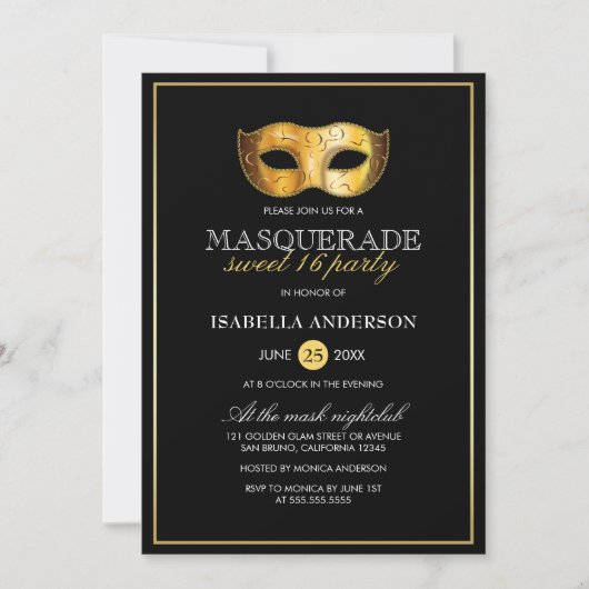 Classy Gold & Black Masquerade Sweet 16 Party Kaart (Voorkant)