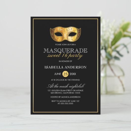 Classy Gold & Black Masquerade Sweet 16 Party Kaart (Staand voorkant)