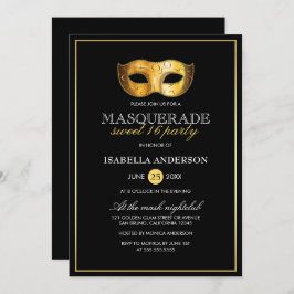 Classy Gold & Black Masquerade Sweet 16 Party Kaart