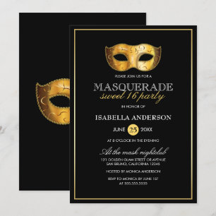 Classy Gold & Black Masquerade Sweet 16 Party Kaart