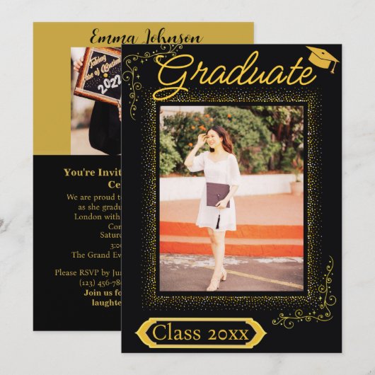 Classy Gold & Black Vertical Photo-Afstuderen Kaart (Voorkant / Achterkant)
