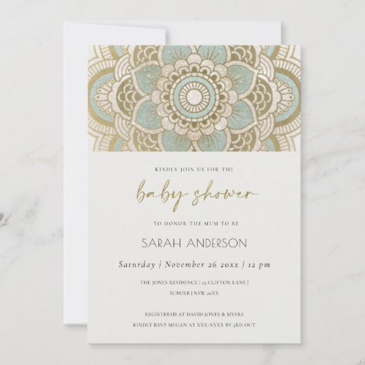 Classy Gold Blauwgroen Mandala Baby shower Invite Bedankkaart (Voorkant)