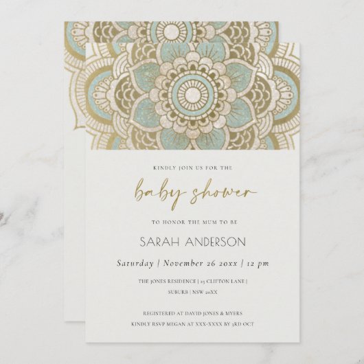 Classy  Gold Blauwgroen Mandala Baby shower Invite Bedankkaart (Voorkant / Achterkant)