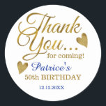 Classy Gold Blue 50th Birthday Hartelijk dank Ronde Sticker<br><div class="desc">50ste verjaardag dank je stickers in de klasachtige blauwe en goudtypografie .</div>