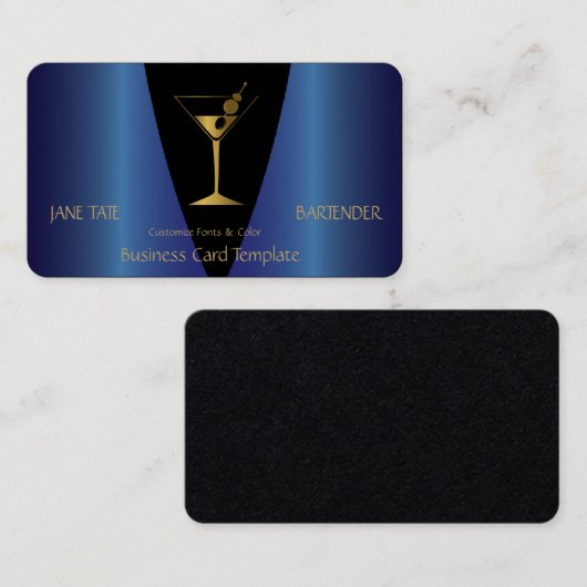Classy Gold Blue Metallic Bartender Visitekaartje (Voorkant / Achterkant)