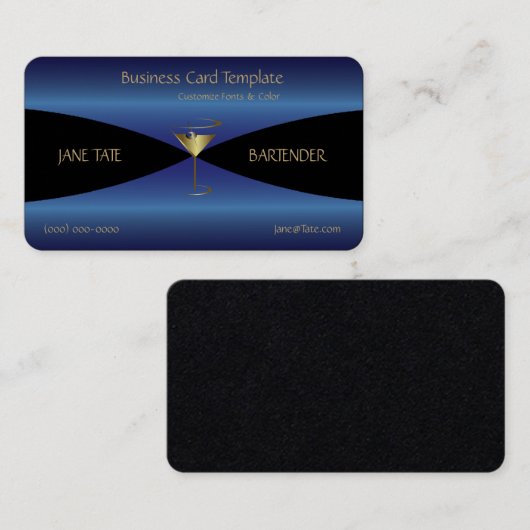 Classy Gold Blue Metallic Bartender Visitekaartje (Voorkant / Achterkant)