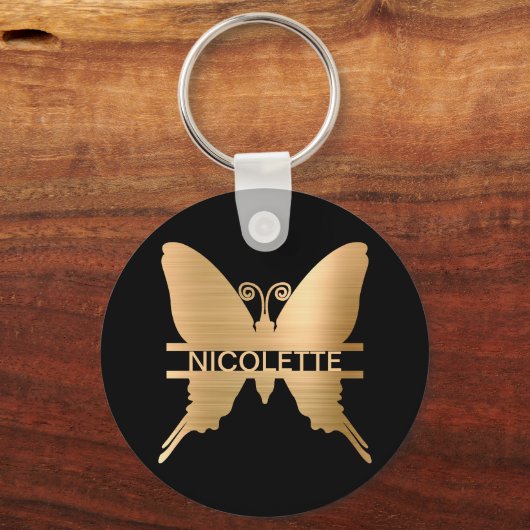 Classy Gold Butterfly Naam Monogram Aangepast Sleutelhanger (Voorkant)