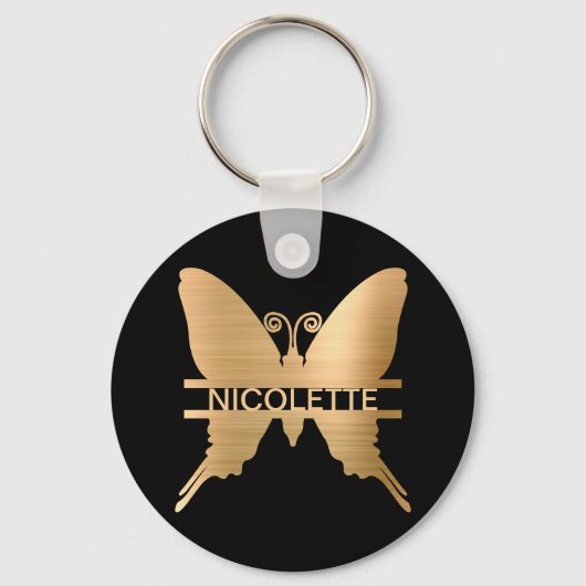 Classy Gold Butterfly Naam Monogram Aangepast Sleutelhanger (Achterkant)