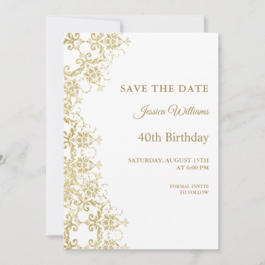 Classy Gold Damask 40e verjaardag Save The Date (Voorkant)