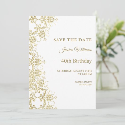 Classy Gold Damask 40e verjaardag Save The Date (Staand voorkant)