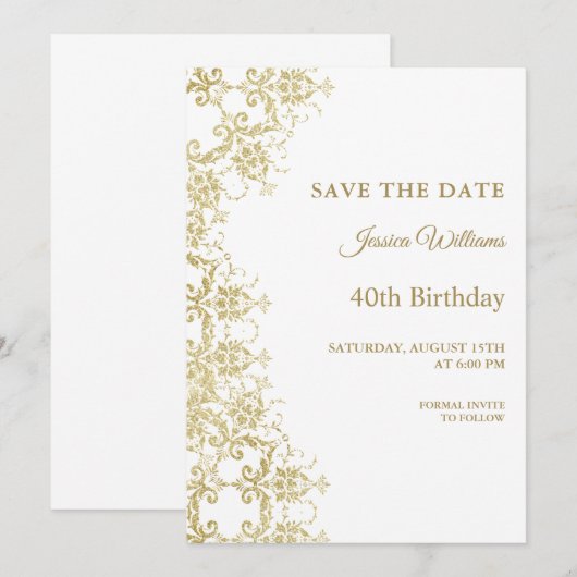 Classy Gold Damask 40e verjaardag Save The Date (Voorkant / Achterkant)
