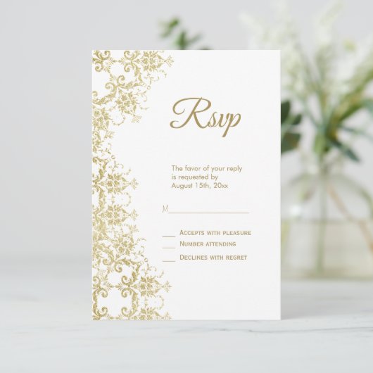 Classy Gold Damask Verjaardag RSVP Kaartje (Staand voorkant)
