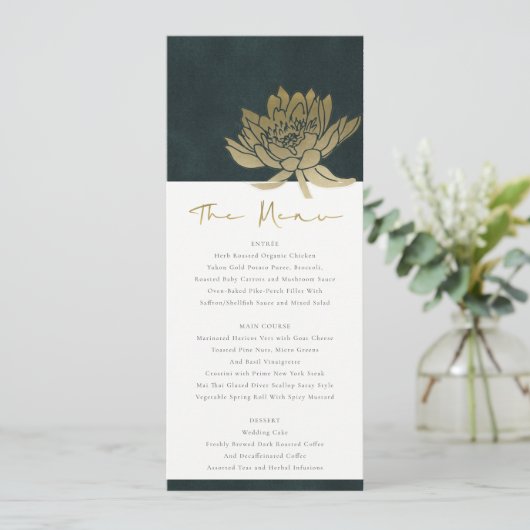 CLASSY GOLD EMERALD GREEN LOTUS FLORAL WEDING MENU (Staand voorkant)