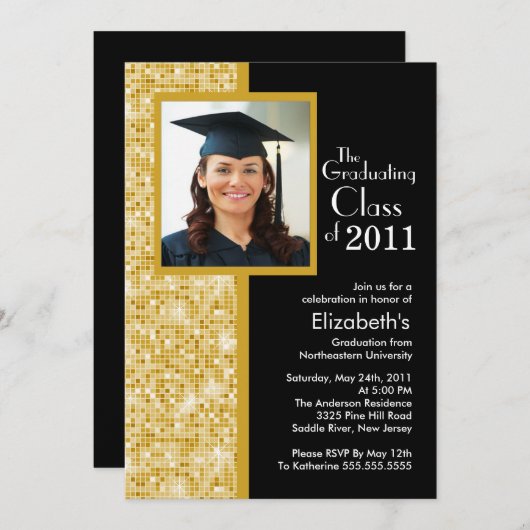 Classy Gold en Black Afstuderen Invitation Photo Kaart (Voorkant / Achterkant)