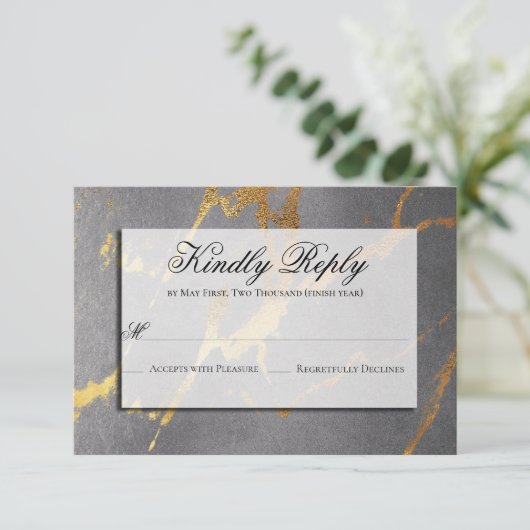 Classy Gold en Grijze marmer RSVP Kaartje (Staand voorkant)