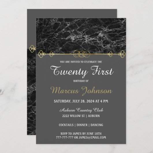 Classy Gold en Marble Birthday Invitation Kaart (Voorkant / Achterkant)