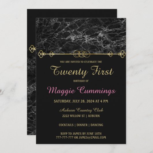 Classy Gold en Marble Birthday Invitation Kaart (Voorkant / Achterkant)